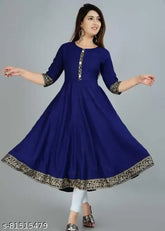 Nevy Blue Rayon Anarkali Kurtis with lace border and printed net detail - daily wear women's fashion
